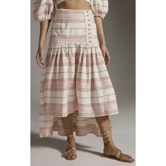 Anthropologie Raissa Skirt Boho High Low Ivory Preppy Vacay Retro Medium NWT - Picture 2 of 15